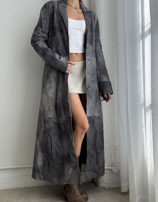Vintage 90s distressed leather trench coat size m in grey