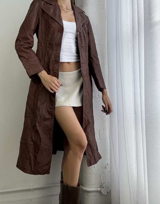 Vintage 90s distressed leather trench coat size s in brown