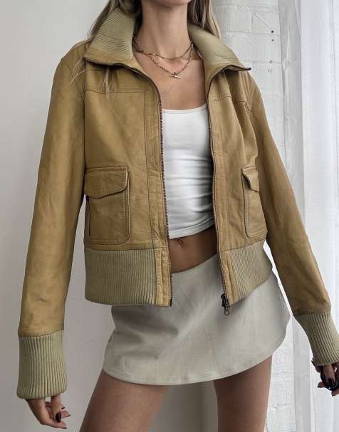 Vintage 90s dual zip leather bomber jacket size l in tan - view 1