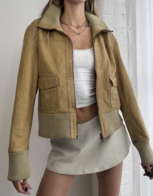 Vintage 90s dual zip leather bomber jacket size l in tan