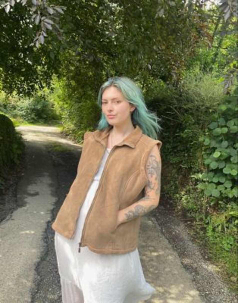 Vintage 90s Faux Suede Size L Gilet Coat in Brown