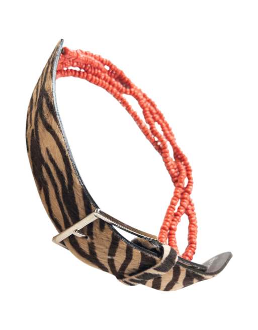 Vintage 90s Gianni Versace Beaded Zebra Striped Pony Hair Belt Size S, 4 of 4