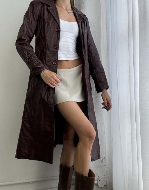 Vintage 90s leather belted trench coat size m in burgundy