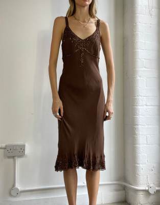 Vintage 90s Midi Dress Beaded in Brown