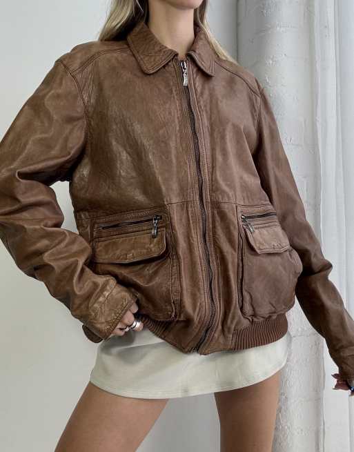 Vintage 90s multi pocket leather bomber jacket size XL in brown