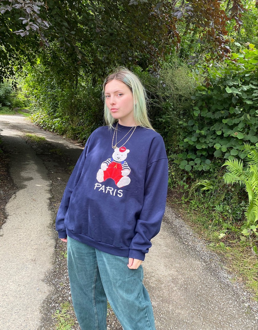 Vintage 90s Paris France Size XL Embroidered Sweatshirt In Blue