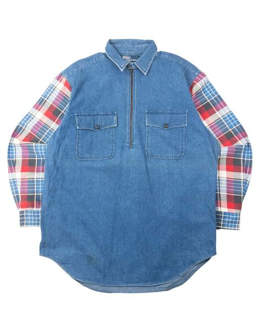 Vintage 90s Polo Ralph Lauren Checkered Sleeve Q Zip Denim Shirt Size XL