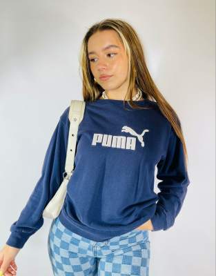 Vintage 90s Puma Size S Embroidered Sweatshirt in Navy