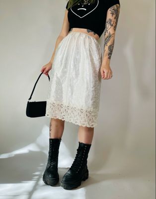 Vintage 90s satin lace detail floral midi slip skirt in white