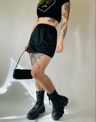 Vintage 90s satin lace detail mini slip skirt in black