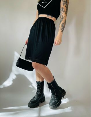 Vintage 90s satin lace detail slip skirt in black