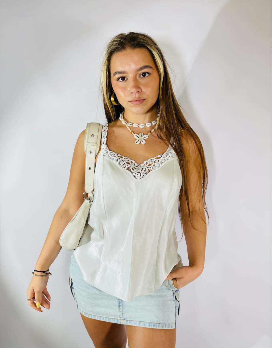 Vintage 90s Satin Lace Size L Cami in White