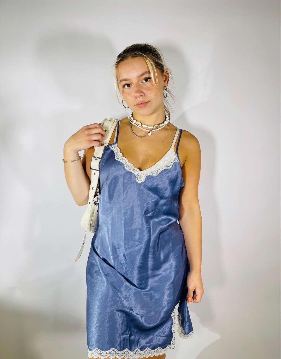 Vintage 90s Satin Lace Size L Slip Dress in Purple