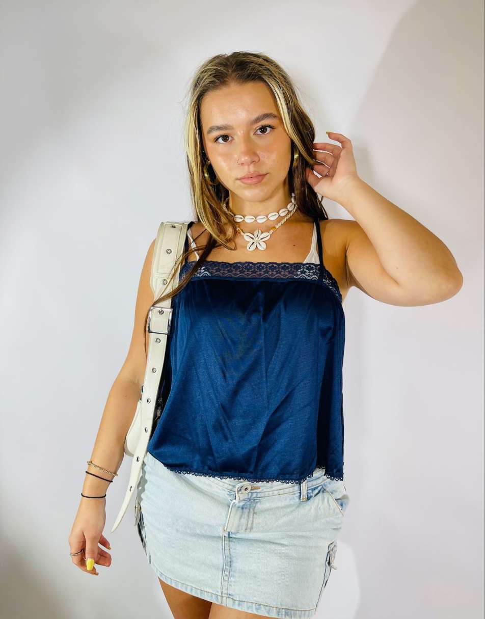 Vintage 90s Satin Lace Size S Cami in Navy