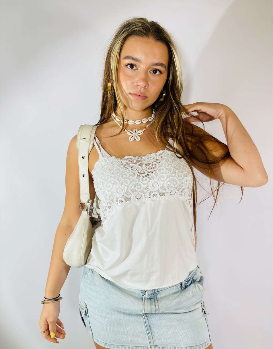 Vintage 90s Satin Lace Size S Cami in White