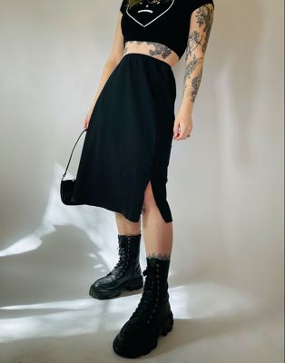 Vintage 90s satin midi slip skirt in black