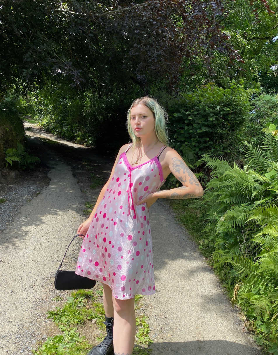 Vintage 90s Satin Polka Dot Size M Mini Slip Dress in Pink