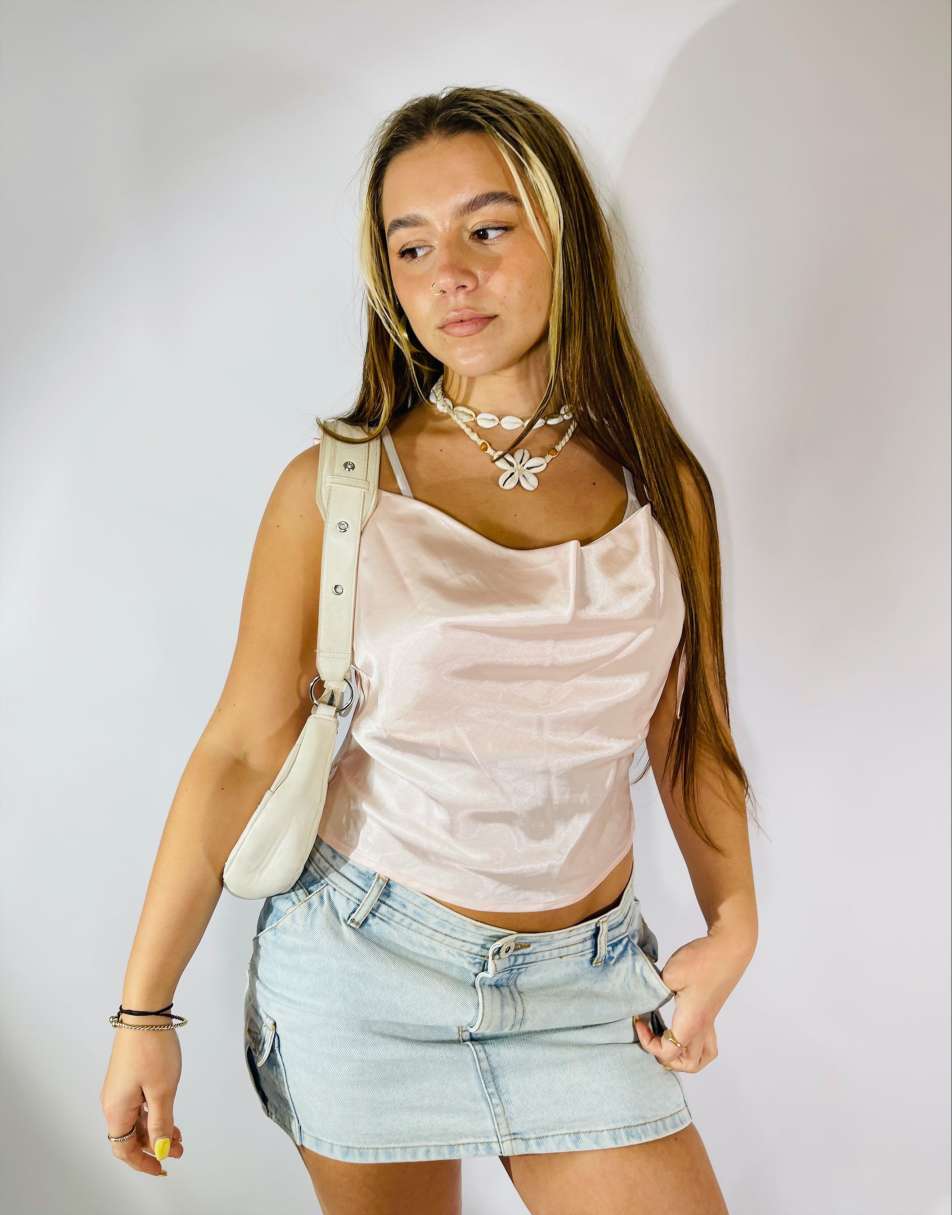 Vintage 90s Satin Size S Cowl Neck Cropped Cami in Pink