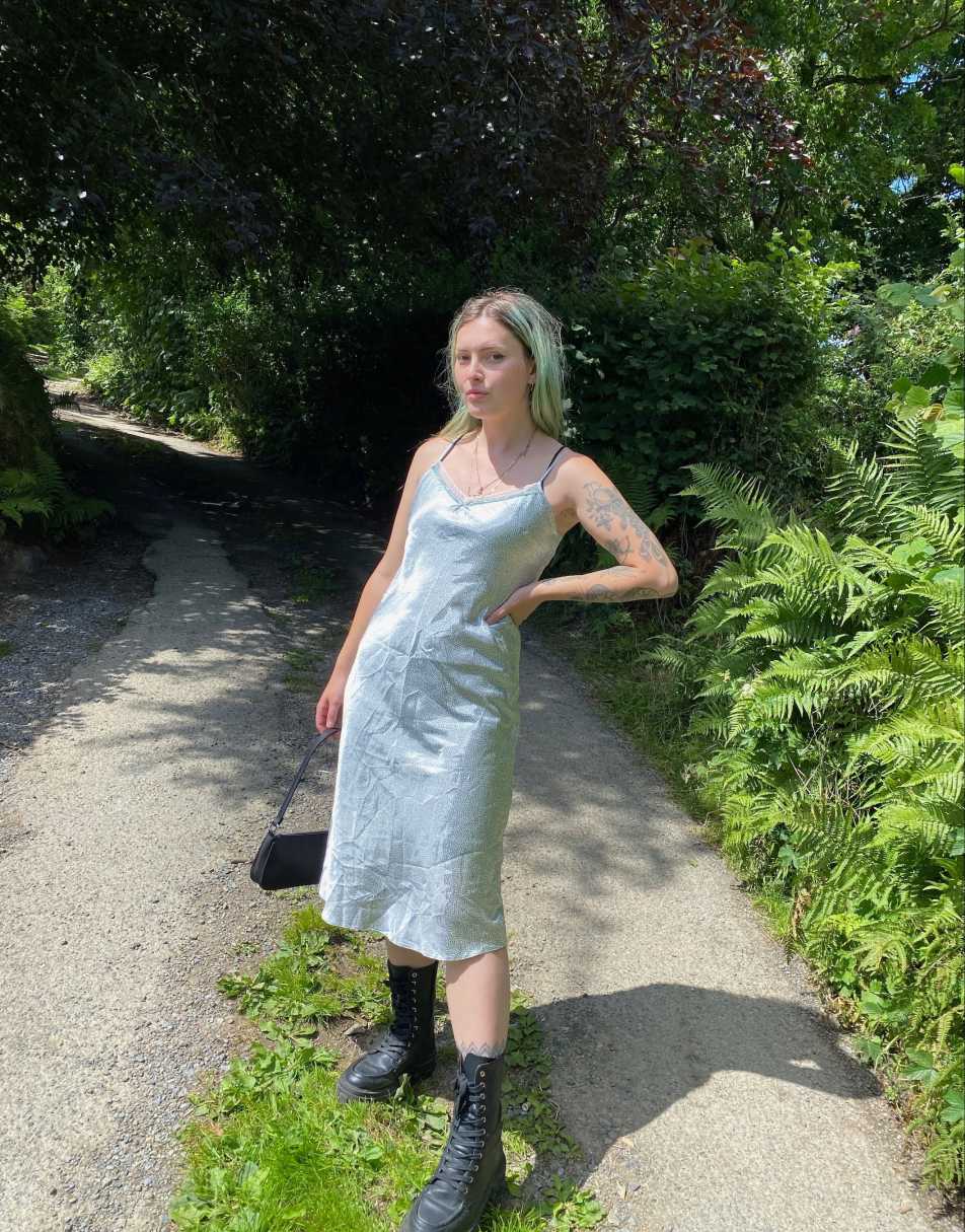 Vintage 90s Satin Size S Midi Slip Dress in Multi
