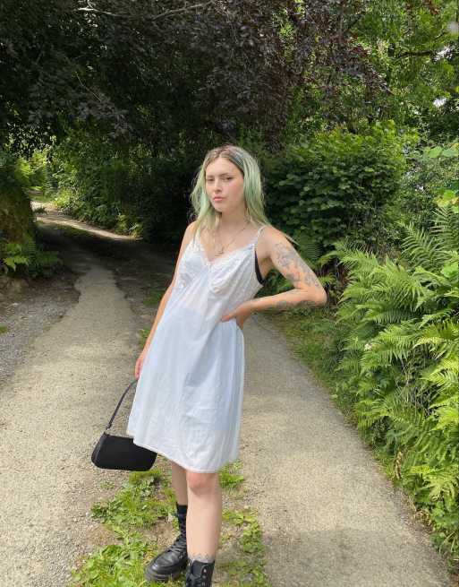 Vintage 90s Sheer Satin Size L Midi Slip Dress in White
