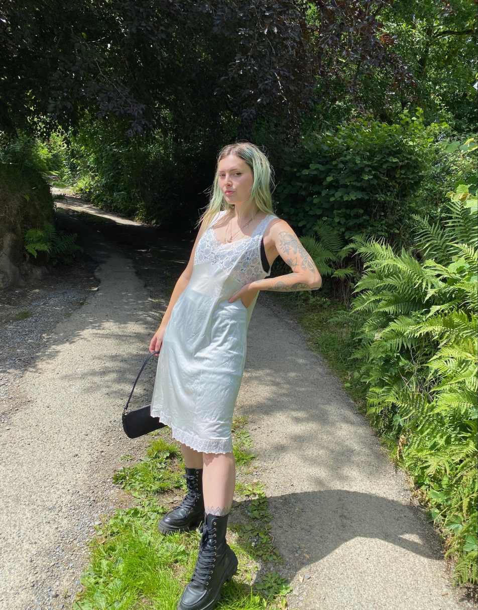 Vintage 90s Sheer Satin Size M Midi Slip Dress in White