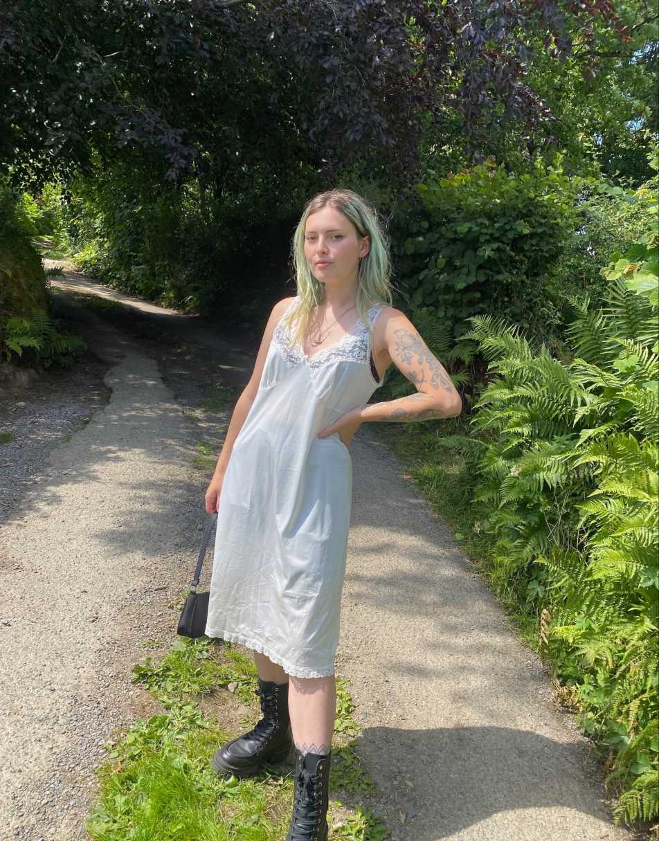 Vintage 90s Sheer Satin Size M Midi Slip Dress in White
