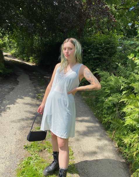 Vintage 90s Sheer Satin Size M Mini Slip Dress in White - view 1