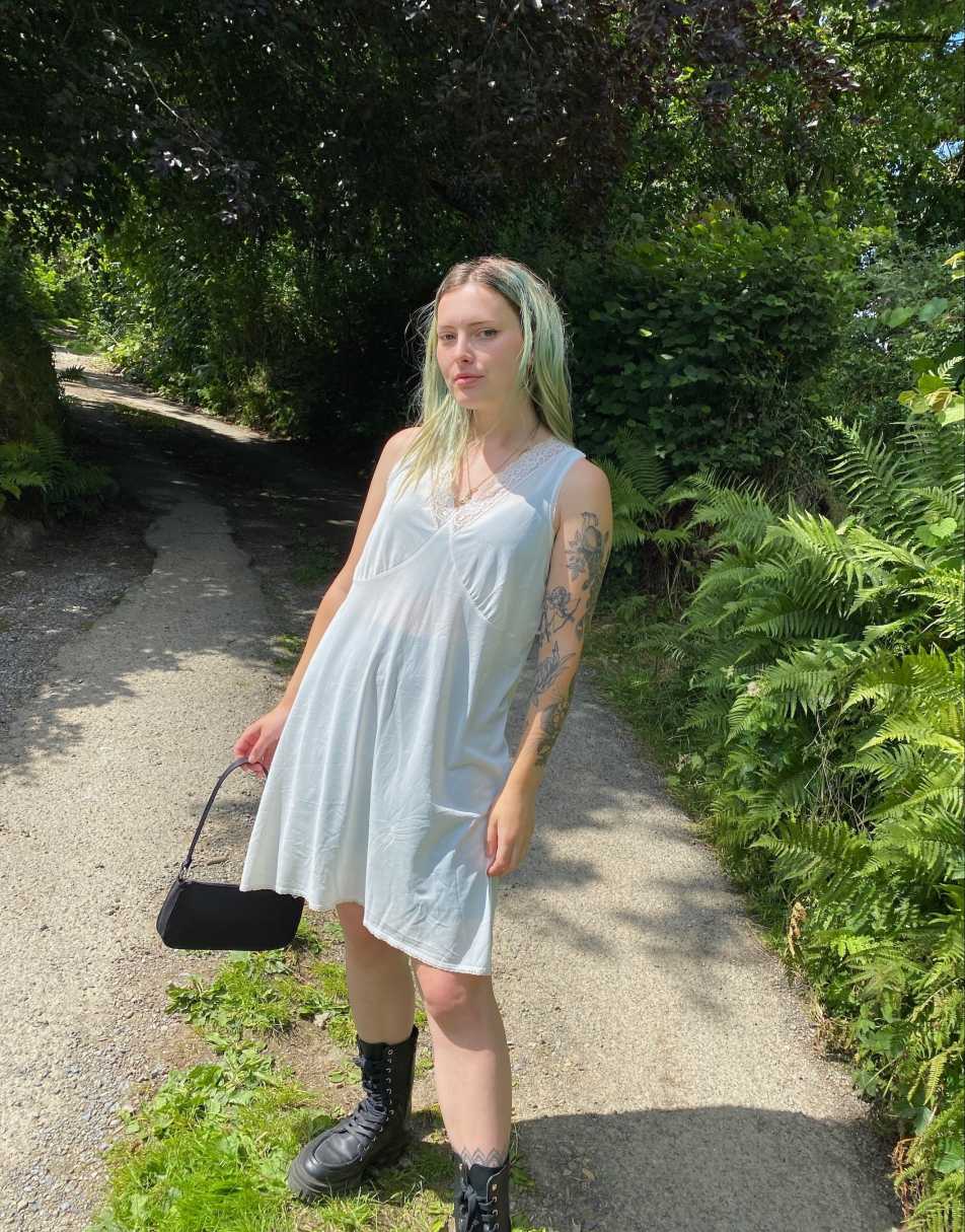 Vintage 90s Sheer Satin Size M Mini Slip Dress in White 2