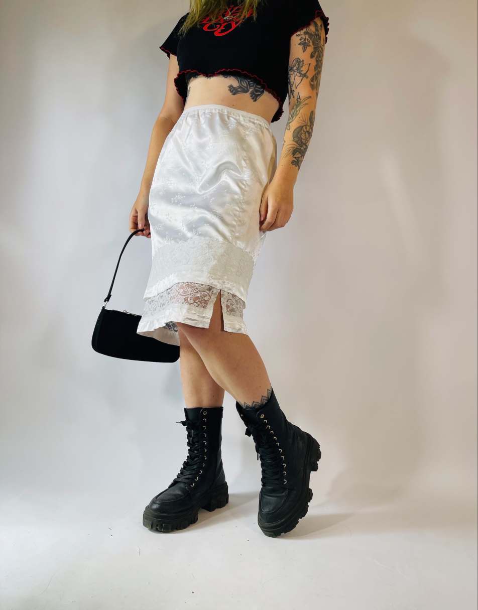 Vintage 90s Sheer Size L Satin Lace Midi Slip Skirt in White