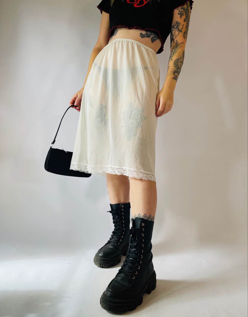 Vintage 90s Sheer Size L Satin Lace Midi Slip Skirt in White