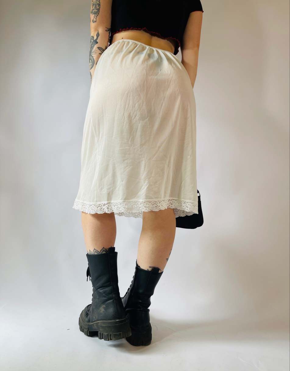 Vintage 90s Sheer Size L Satin Lace Midi Slip Skirt in White 0