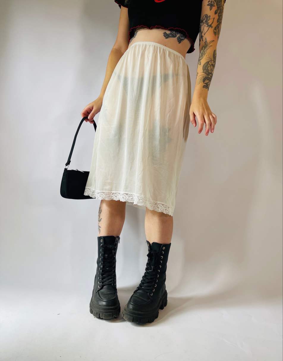 Vintage 90s Sheer Size L Satin Lace Midi Slip Skirt in White 1
