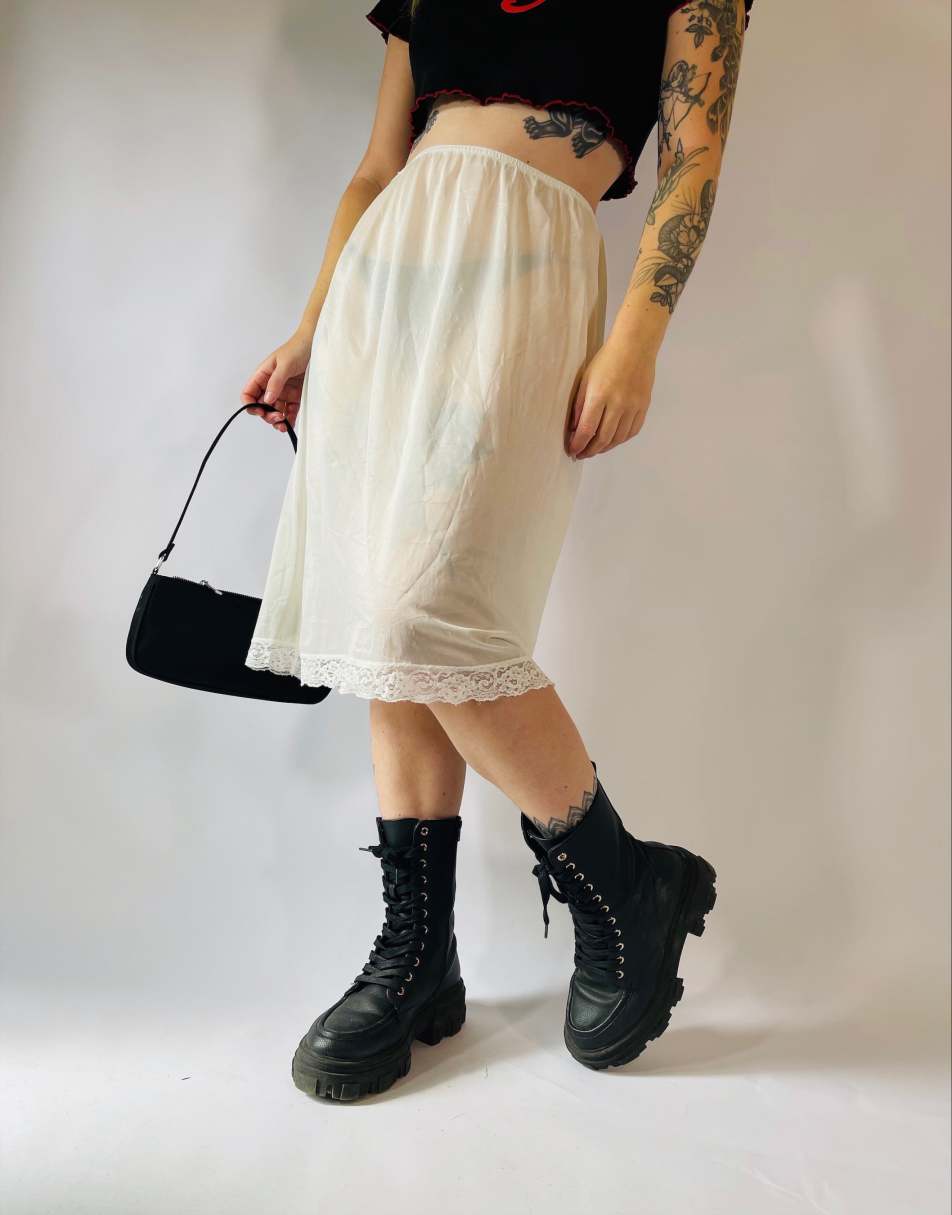 Vintage 90s Sheer Size L Satin Lace Midi Slip Skirt in White 2