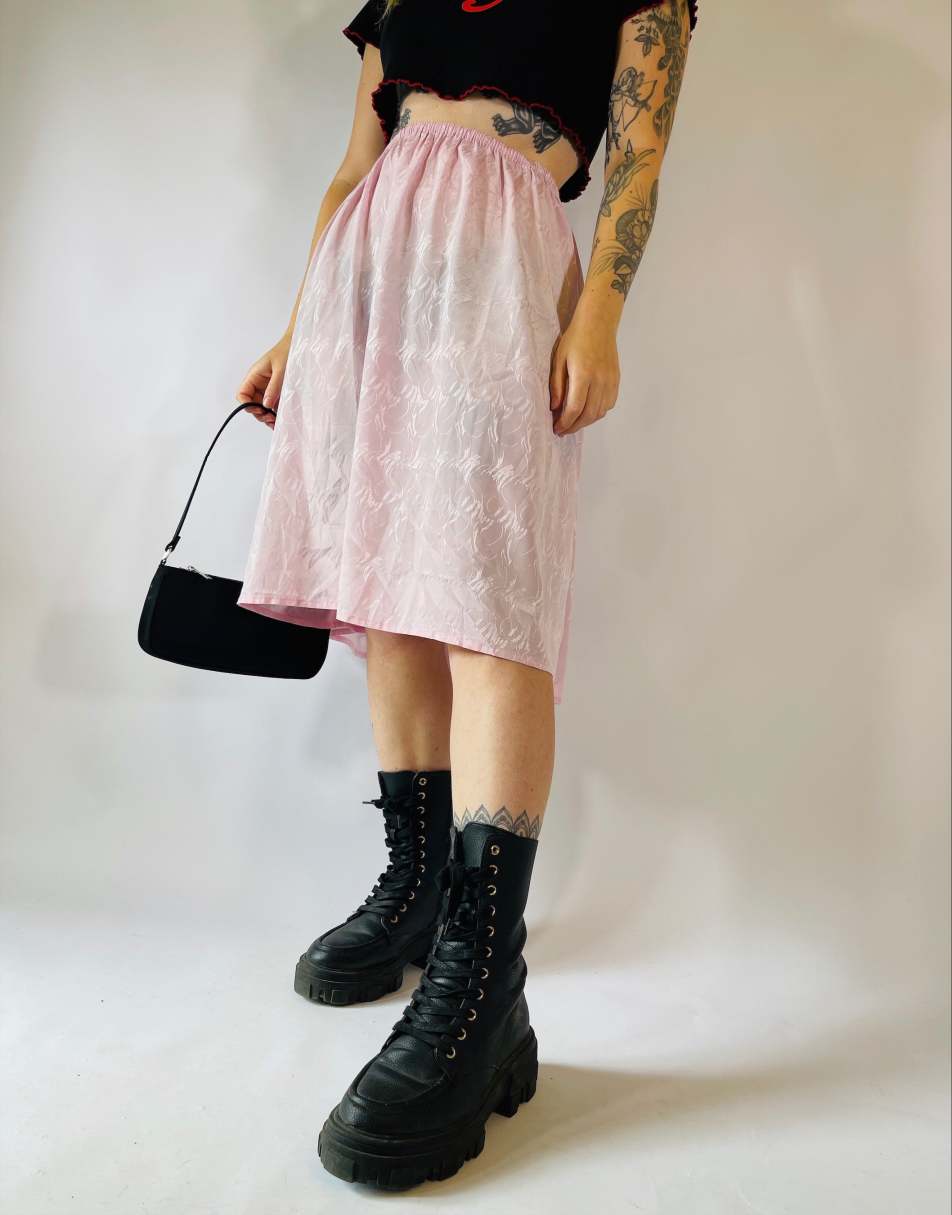 Vintage 90s Sheer Size S Satin Lace Midi Slip Skirt in Pink