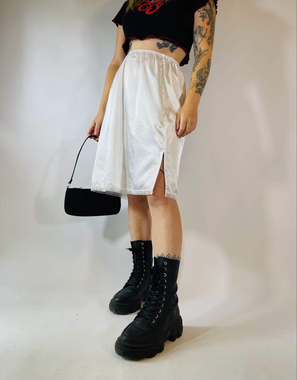 Vintage 90s sheer Size S satin lace midi slip skirt in white