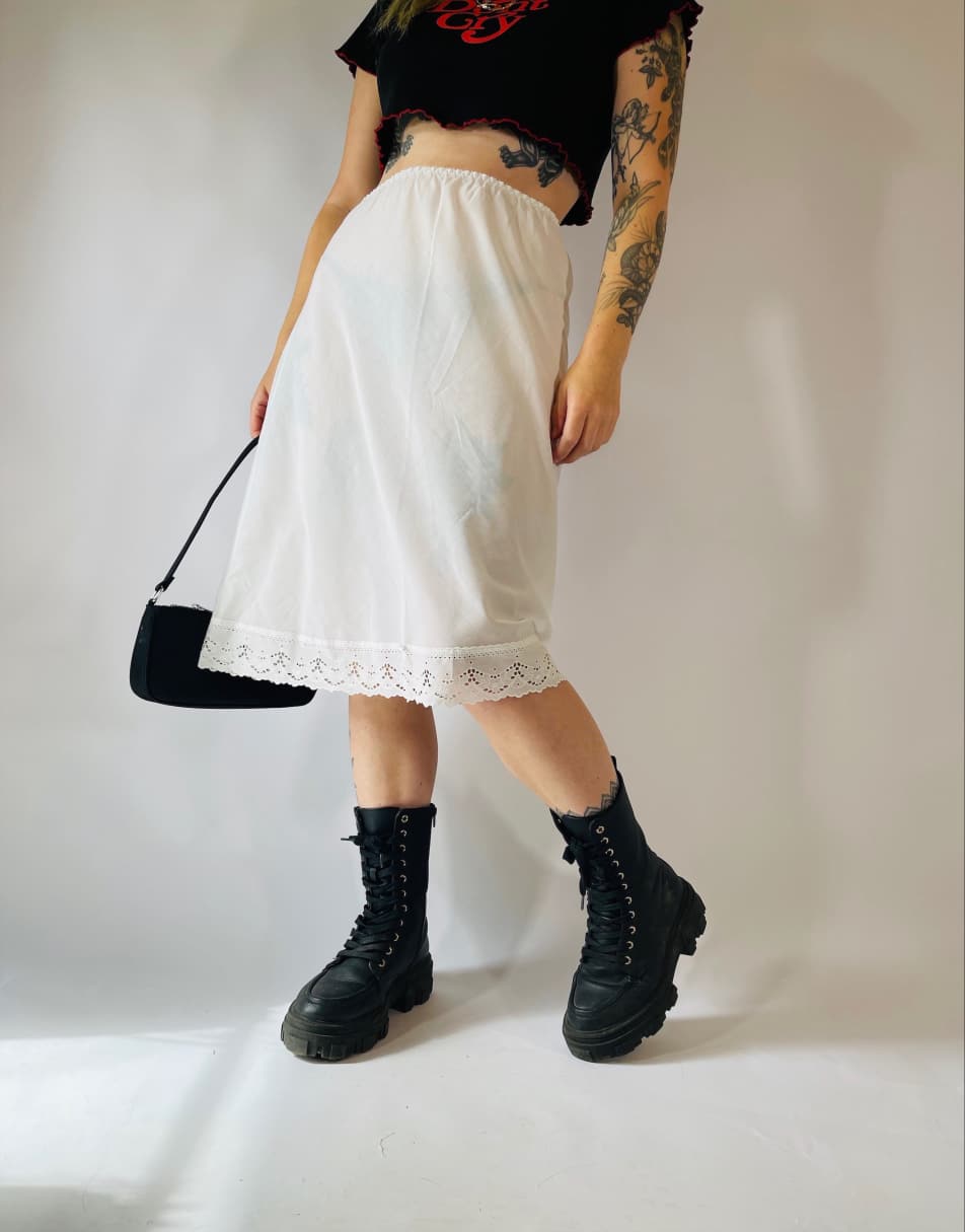Vintage 90s Sheer Size S Satin Lace Midi Slip Skirt in White