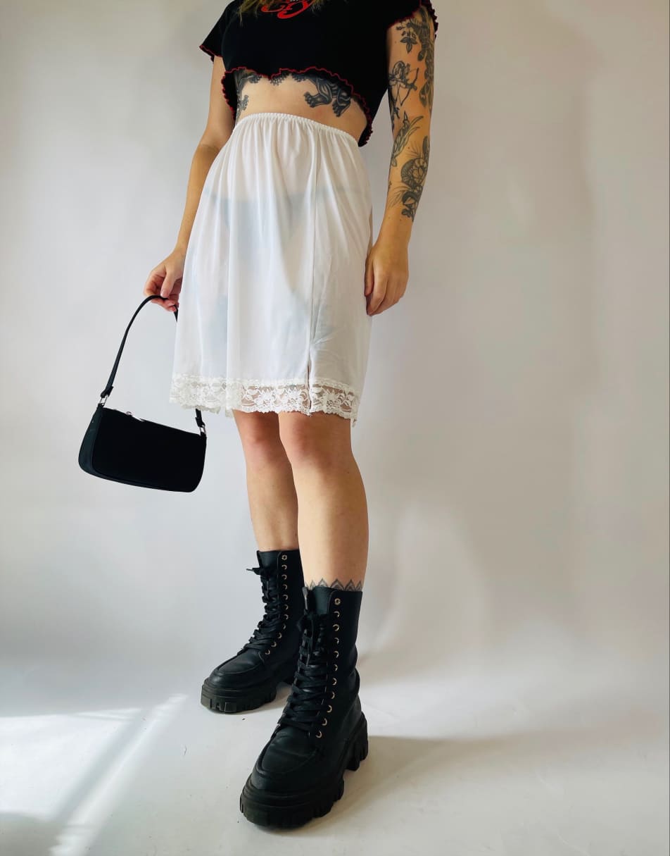 Vintage 90s Sheer Size S Satin Lace Midi Slip Skirt in White