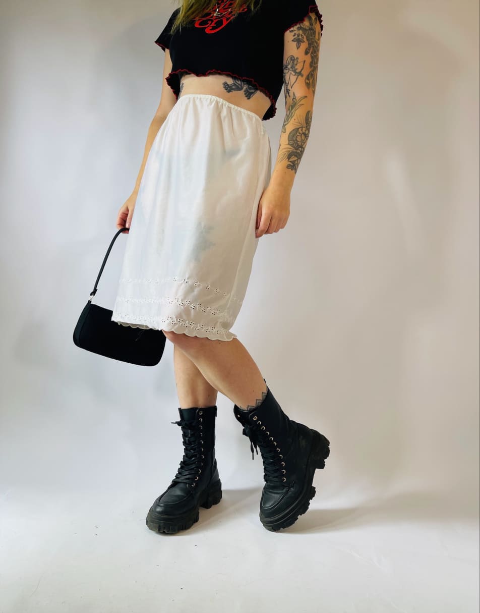Vintage 90s Sheer Size S Satin Lace Midi Slip Skirt in White