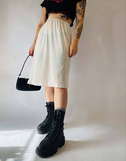  Vintage 90s Sheer Size S Satin Lace Midi Slip Skirt in White