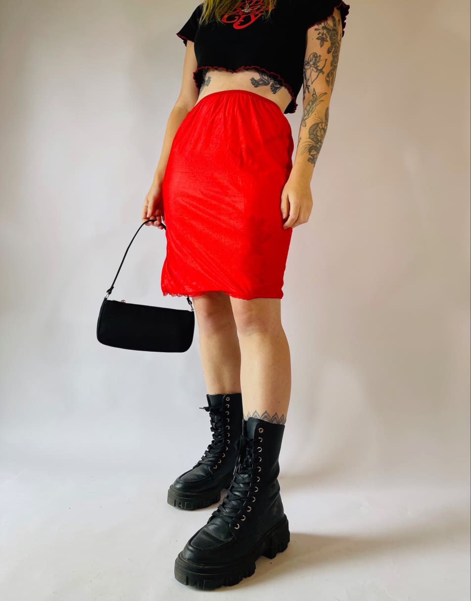 Vintage 90s Sheer Size S Satin Lace Mini Slip Skirt in Red