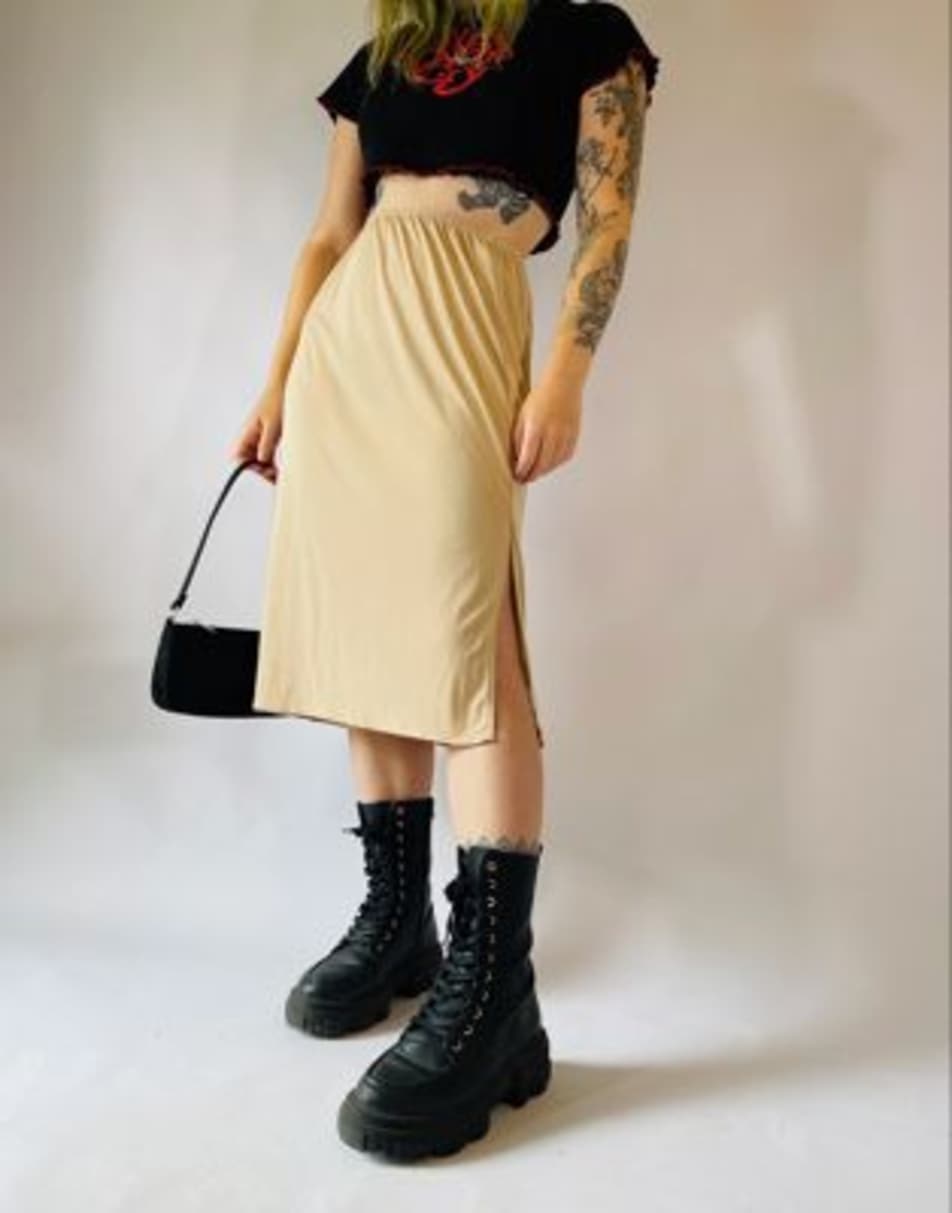 Vintage 90s Sheer Size S Satin Midi Slip Skirt in Neutral