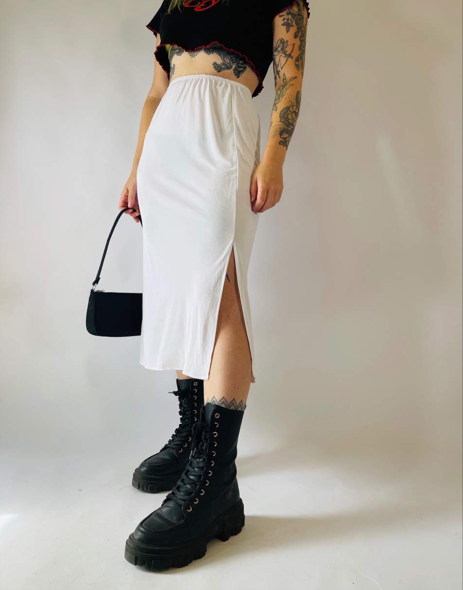 Vintage 90s Sheer Size S Satin Midi Slip Skirt in White
