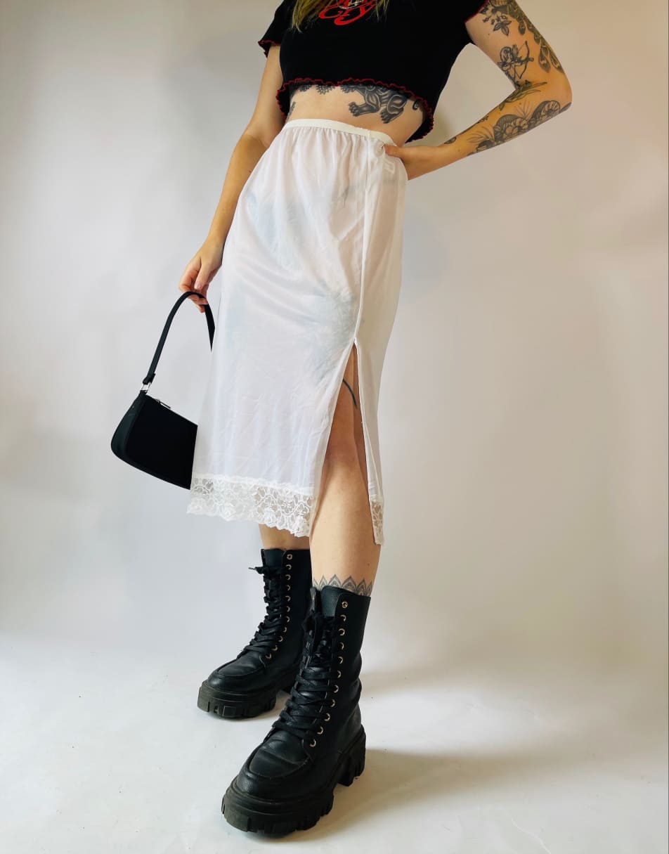 Vintage 90s Sheer Size XL Satin Lace Midi Slip Skirt in White