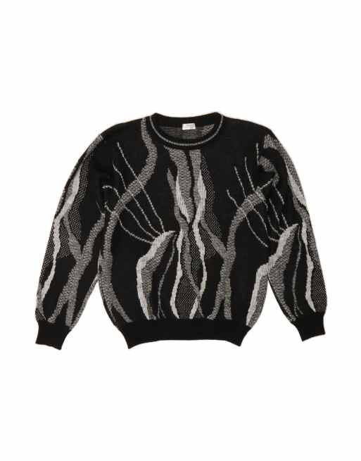 Vintage Abstract Pattern Boat Neck Jumper Sweater UK 14 Large In Black