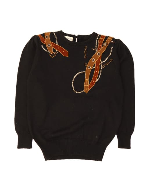 Vintage Abstract Pattern Boat Neck Jumper Sweater UK 16 Large In Black