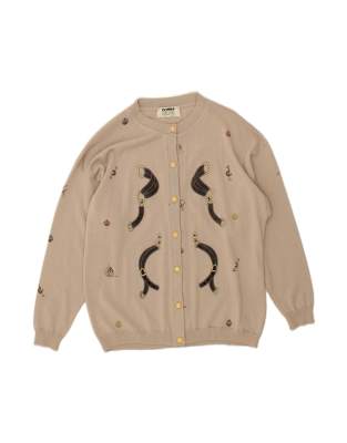 Vintage Abstract Pattern Cardigan Sweater UK 18 XL In Beige
