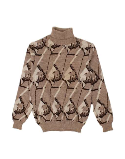 Vintage Abstract Pattern Roll Neck Jumper Sweater UK 16 Large In Brown