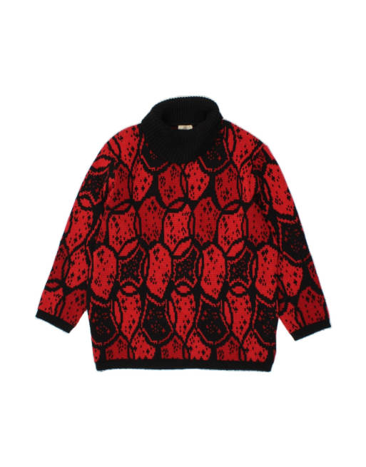 Vintage Abstract Pattern Roll Neck Jumper Sweater UK 18 XL In Red