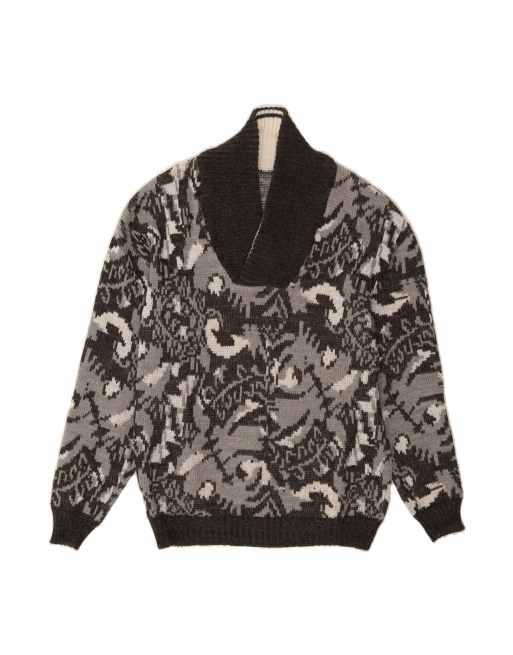 Vintage Abstract Pattern Shawl Neck Jumper Sweater Large In Grey
