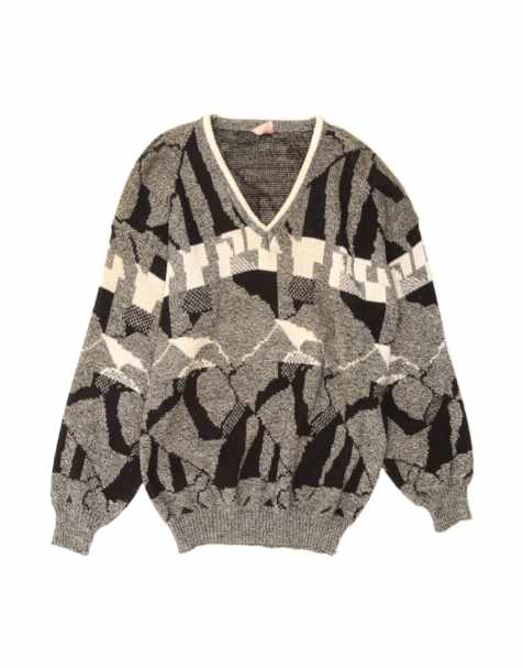 Vintage Abstract Pattern V-neck Jumper 2XL In Grey Geometric - view 1
